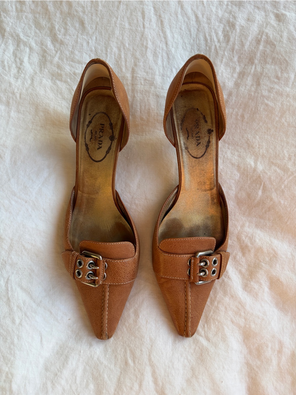 Vintage Prada Buckle Leather Pointy Toe Kitten Heels Brown Tan Silver 90s Y2K